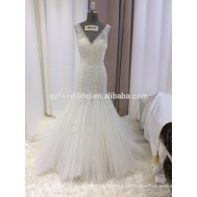Alibaba Elegante Ivory Deep V-cuello sin mangas Appliqued vestidos de espalda baja Tulle falda de encaje sirena vestido de novia 15059